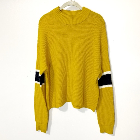 Anthro John + Jenn Yellow Varsity Stripe Mock Neck Chunky Knit Sweater Sz Medium - Picture 4 of 8